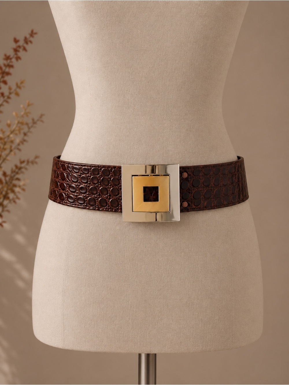 KAELIN of Switzerland Croc Embossed Leather Belt Two Tone Statement Buckle